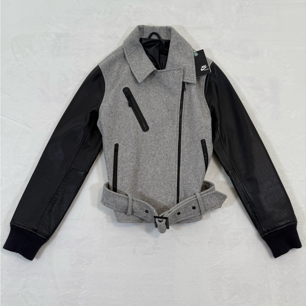 NWT Nike NSW Womens Size XS Gray Wool Destroyer Jacket Moto Bomber Leather